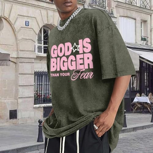 Oversized Christian Shirts for Men Vintage Faith Acid Wash Tshirts God is Bigger Graphic Tees Religious Bible Shirt - color: Army Green, size: Small