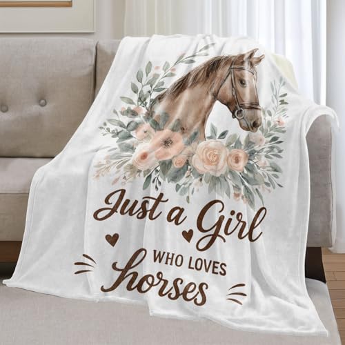 Horse and Flower Flannel Blanket Gifts for Nature Lover,50x40inch,Western Farmhouse Animal Throw Blankets with Watercolor Floral,for Bedroom,Sofa,Living Room,Camping Home Decor Throws - color: Horse, size: 50x40 Inch