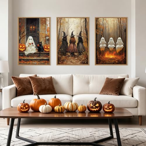 HLNIUC Framed Halloween Canvas Wall Art,Dark Witch Crow Raven Prints,Black Cat Decor,Horror Gothic Ghost Pictures Set of 3 (16"X24") Scary Pumpkin Wall Decor for Party Living Room Bedroom Decoration - color: Halloween, size: 16"L x 24"W