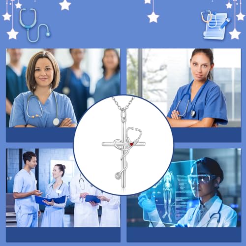 Sterling Silver Nurse Jewelry for Women Heartbeat Stethoscope Necklace Ring Nurses Week Graduation Gifts - color: Stethoscope Necklace