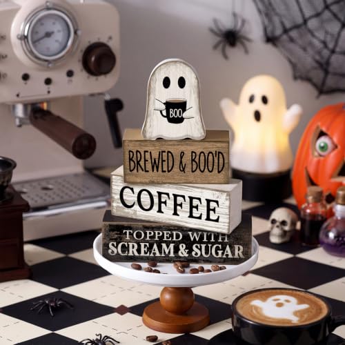 Lineshading 4 Pcs Halloween Ghost Blocks, Wooden Coffee Farmhouse Decor - style: Brewed & Boo'd Coffee