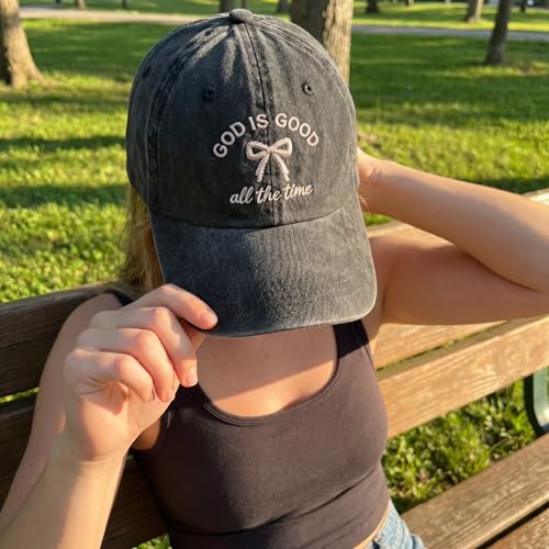 God is Good Bow Embroided Baseball Cap Washed Vintage Trucker Hat for Women