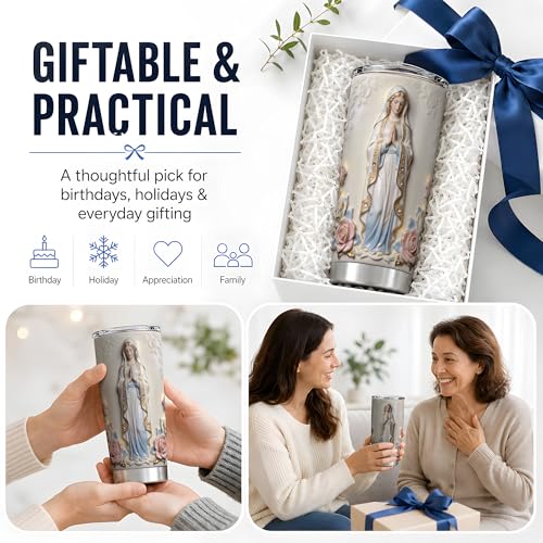 Virgin Mary White Statue Art 20oz Tumbler, Virgin Mary Tumbler for Daily Drinks, Blue Robe Rose Illustration, Catholic Devotional Cup, Religious Design for Women, Men, and Church Use (Steel) - color: Steel