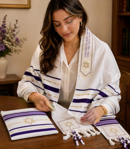 Women's Messianic Prayer Shawl multi-pack – Star of David Tallit with Hebrew Blessing and Scripture, shawls, israel - color: Purple