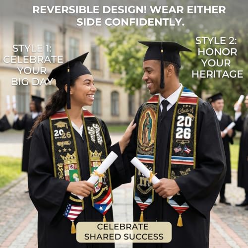 Graduation Stole Class of 2026 Reversible Sash with Gold Glitter Trim and Tassels V-Neck 72 Inch Satin - color: Puerto Rico & America
