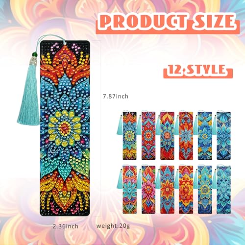 12 Pcs DIY Mandala Diamond Art Bookmarks for Adults Women Beginners Acrylic Dotz Kit 5d Floral Rhinestone Diamond Painting Bookmarks Diamond Art Book Marks with Tassels Crafts Supply - style: Mandala 12 Pcs