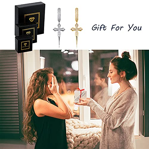 TOPGRILLZ Cross Hoop Dangle Earrings 925 Sterling Silver 5A+ Cubic Zirconia 14K Gold Hypoallergenic Cross Hoop Cuff Huggie Drop Earrings For Men Women - color: 925S Gold