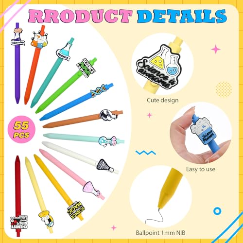 55Pcs Cute Pens Bulk Funny Science Ballpoint Black Ink Pens for Birthdays Party Favors Laboratory Gifts for Students - color: Science-55P