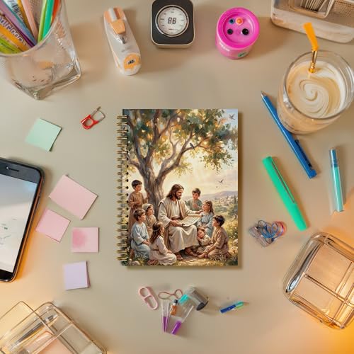 DOFQZ Jesus With Children Christian Spiral Notebook Journal, Christian Gifts for Kids, Religious Bible Notebook Journal for Church Prayer Study Note Taking, 5.5 x 8.3 Inches - color: 23child