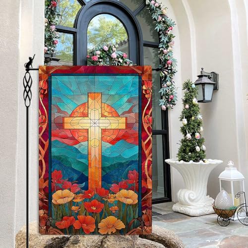 He is Risen Cross Garden Flag Stained Glass Style Easter Floral Flowers Garden Flag Vertical Double Sided Rustic Farmland Burlap Yard Lawn Outdoor Decor 12.5x18" - color: He is Risen Cross #WQ449