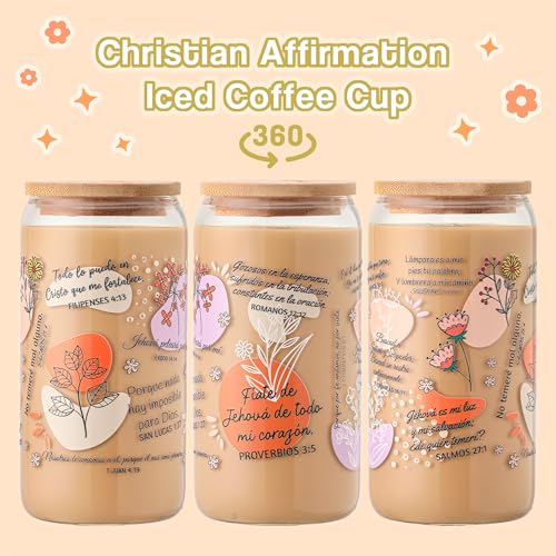 Spanish Bible Verse Coffee Mugs - Christian Gifts for Women, 16oz Religious Glass Tumbler with Lid & Straw, Inspirational Spanish Scriptures, Regalos Religiosos Para Mujer En Español - color: Spanish Bible Verse