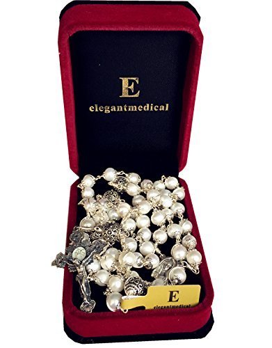 elegantmedical Wire Wraped Bali 925 Sterling Silver Pearl Beads Rosary Necklace Cross