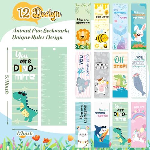Outus 12 Pcs Funny Animal Bookmarks Cute Cartoon Animals Bookmarks Bulk with Pom Pom Inspiration Gifts Reading Accessories Mermaid Unicorn Rabbit Shark Dino Gift for Prize Rewards End of Year Presents - style: Funny Animal