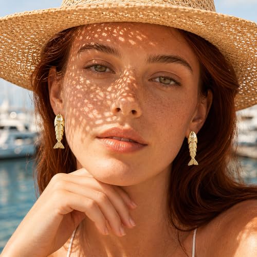 Gold Fish Earrings for Women, Articulated Moving Sardine Drop Dangle Studs with Rhinestone Eye, Quirky "Sardine Summer" Ocean Jewelry Gift for Her