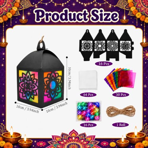 Cinrobiye 16 Set Mandala Diwali Lantern Craft Kit, DIY Suncatcher Tissue Paper Crafts, Festival of Lights Decorations, Hanging Lanterns for Diwali Party Supplies, Cultural Events, Art Projects - style: Mandalas
