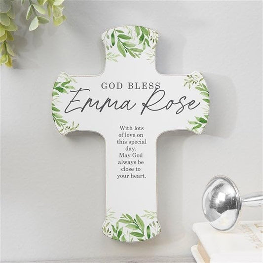 Personalization Universe Botanical Baby Custom Name and Sentiment Wall Cross - Personalized Wood Wall Decor for Nursery, Baby Shower, Baptism, or First Communion Gift, Boys and Girls - 7" x5 - size: 7"L x 5"W