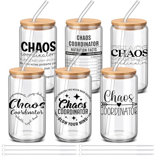 SiliFine Chaos Coordinator Gifts for Women, 6 Pcs Glass Cups with Lids - style: Chaos Coordinator