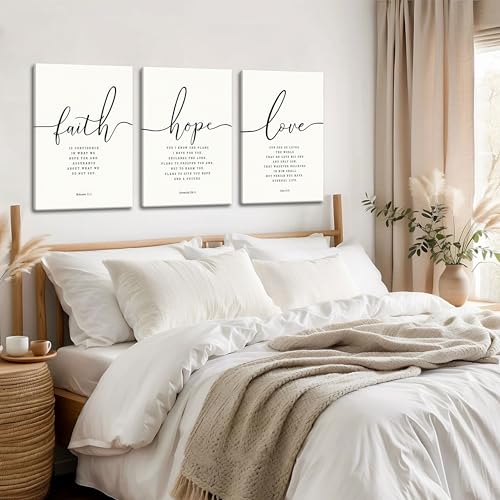 Farmhouse Bible Verses Wall Decor for Living Room - Minimalist Christian Scripture Wall Art Set of 3, Faith Hope Love Canvas Prints Religious Decor for Bedroom Office 12x16 inch Framed - color: White, size: 16"L x 12"W