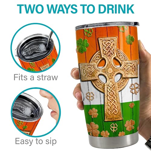 SANDJEST Irish Tumbler 20oz Celtic Cross Irish Fact Stainless Steel Tumbler with Lid Gifts for Women Birthday Christmas - color: Irish
