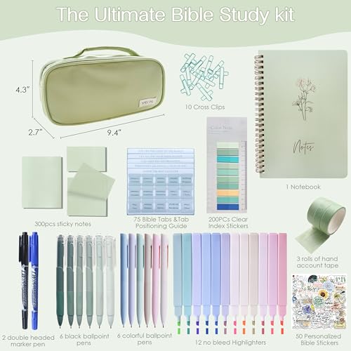 J6&H6 170Pcs Complete Bible Study Supplies Journaling Kit with Tabs, Highlighters and Color Pens, Notebook,Stickers & More Bible Accessories Set for Women, Beginner Christian Gifts(Green) - color: Green