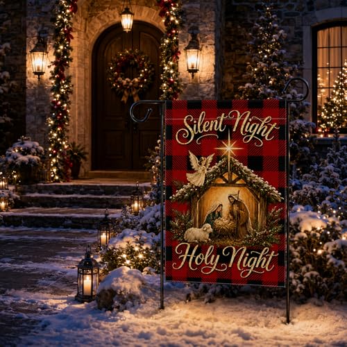 Christmas Buffalo Plaid Nativity Silent Holy Night Garden Flag 12x18 Inch Double Sided, Jesus Christian Winter Yard Outdoor Decoration