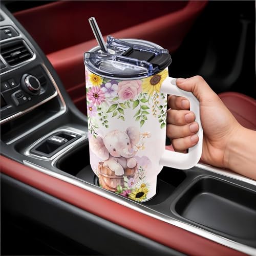 Elephant 40oz Tumbler with Handle & Straw, Gift for Women & Girls - color: Elephant-White