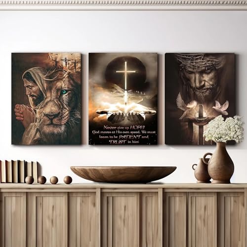 Fantasy Artists 3Pcs Jesus Wall Art, Christian Wall Decor for Biblical Room, Unframed Canvas Painting Prints, Religious Art Posters for Church Living Room Bathroom, 12" X 16" - color: Triptych Jesus1, size: 16"L x 12"W