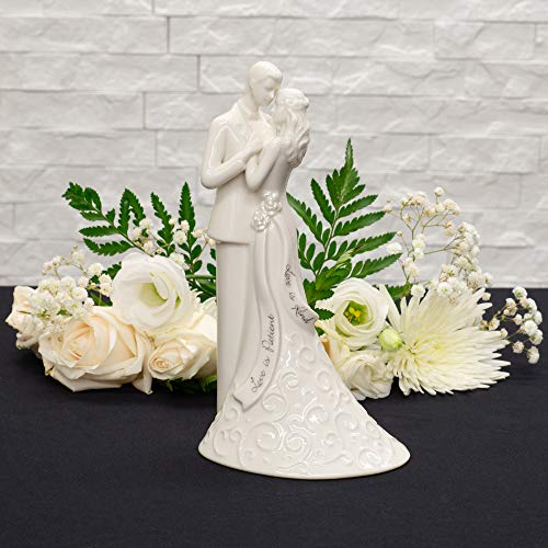 Roman 8.5" Wedding Cake Topper – Elegant Bride and Groom Figurine with “Love Is Patient” Inscription, Porcelain Finish, Wedding or Anniversary Keepsake