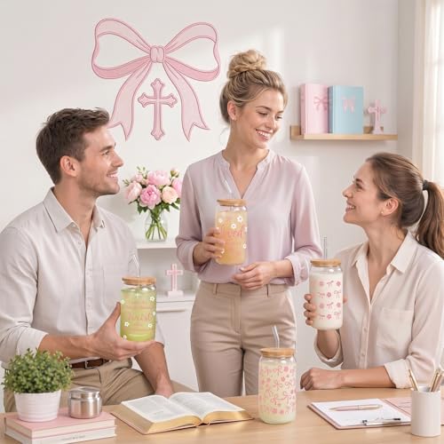 Glass Cups with Lids and Straws, 4Pack, 16oz, Pink Bow Pink - color: Christian Pink Ribbon