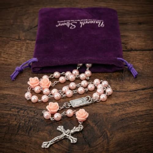 Nazareth Store Pink Pearl Catholic Rosary Necklace with 6mm Glass Beads Rose Mystery Our Lady of Lourdes Medal 1.6 Inch Crucifix 17 Inch