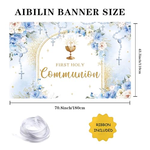 AIBIIN First Holy Communion Backdrop for Boy Mi Primera Comunión Party Decorations Blue and Elegant Floral Party Banner Flower Garland Dove Bible God Bless Party Photo Prop 6x3.6ft - color: Blue, size: 6x3.6ft