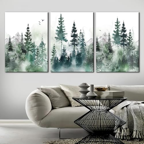 Pacimo Wall Art Misty Forest Green Mountain Painting on Canvas Wall Decorations for Living Room Stretched Framed Landscape Canvas Paintings 3 Piece Bedroom Wall Decor Office Home Decor - 20"x28"x3 - color: Wallart-04, size: 20"x28"x3 Panels