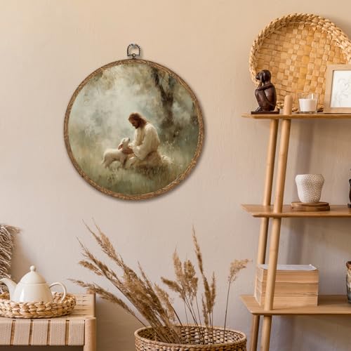 Vintage Religious Round Wall Art Decor,10x10 inch The Good Shepherd Christian Wall Art,Jesus and Lost Lamb Canvas Prints Circular Framed for Home Living Room Bedroom,Easter Christian Gift for Women Men(Beige-Jesus) - color: Beige-Jesus