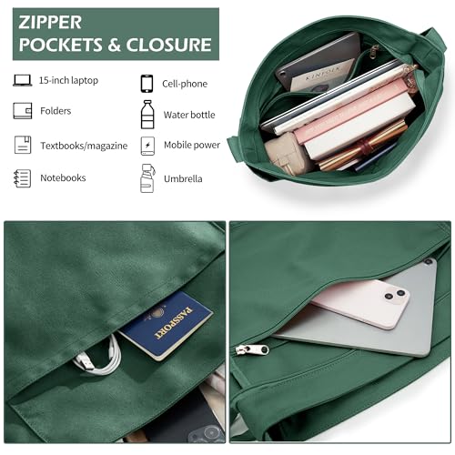 KALIDI Canvas Tote Bag Zipper Large Crossbody Shoulder Bag Messenger Bag - color: Alpine Green
