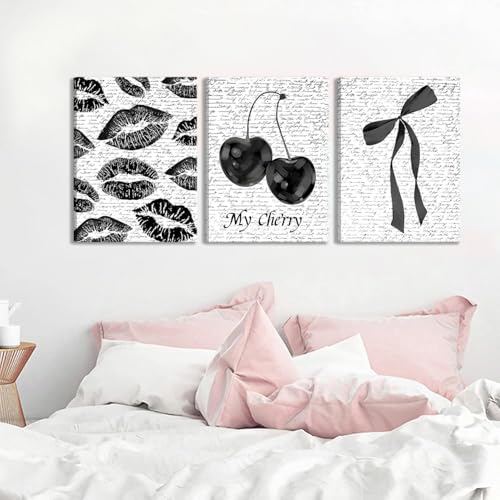 Black And White Canvas Wall Art Set of 3, Fashion Black White Lips And Cherry Posters Wall Decor, Trendy Aesthetic Bow Pictures Prints Paintings for Girls Bedroom Dorm Bathroom16x24in Framed - color: Black cherry canvas, size: 24L"x16W"