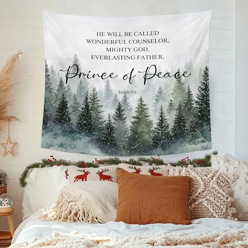 MNASAIOO Christian Winter Snow Forest Wall Tapestry Hanging for Christmas Bedroom,Bible Verse Isaiah 9:6 Prince of Peace Banner,Snowy Rustic Farmhouse Wall Decor for Holiday Living Prayer Room 50x60in - color: peace