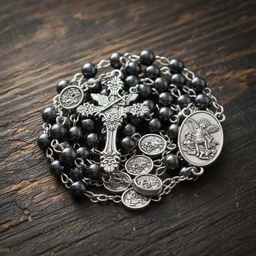 Nazareth Store St Michael Rosary Hematite Stone Beads Necklace Metal Beaded Glory Beads Archangel Medal & Cross with Metal Gift Box - color: Silver | St.Michael Cross
