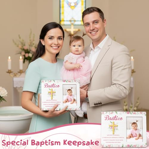 CJiangpo Spanish Baptism Picture Frame - Bautizo Gifts for Girls, Baby Religious Christening Gift Catholic Dedication Baby Shower Keepsake Pink Flower Wood Photo Frame from Godparents Friends Family