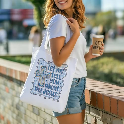 Bible Tote Bags Cute Christian Preppy Canvas Tote Bag Christian Gifts for Women Reusable Shopping Bags(Parent) - color: Let Me Tell You About My Jesus-2-blue