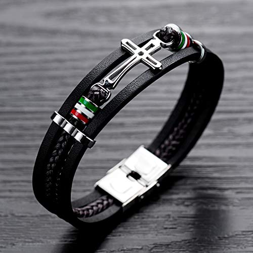 Stainless Steel Black Leather Cross Cuff Bracelet for Men Women