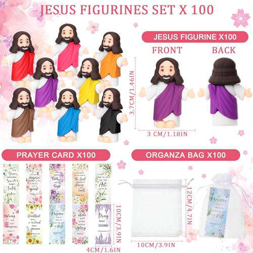 Barydat 100 Sets Mini Jesus Figurines Bulk Easter Gift Little Jesus Figures Tiny Toys Christ Savior Doll with Cards Bags for Religious Party Favors Sunday School Baptism Gift(Floral Style) - style: Floral Style