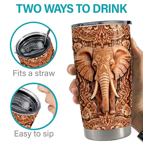 SANDJEST Elephant Tumbler 20oz Elephants Wood Drawing Stainless Steel Insulated Tumblers Coffee Travel Mug Cup Gifts for Women Men Elephant Gift for Birthday Christmas - color: Elephant