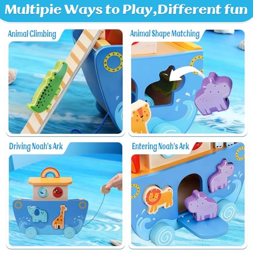 Wooden Noahs Ark Toy with Animal|Baby Baptism Gifts for Boys and Girl