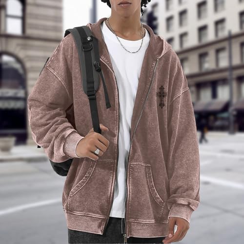 Vintage Goth Punk Zip Up Hoodies for Men Grunge Streetwear Oversized Gothic Cross Graphic Acid Wash Sweatshirt Tops - color: Brown, size: Small