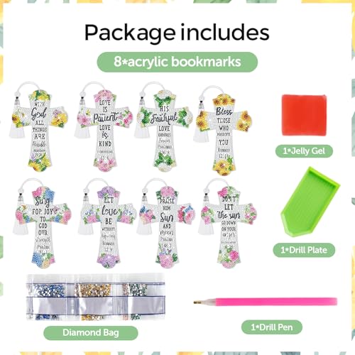 8 Pieces Christian Bible Verse Diamond Art Bookmarks 5d Christian Beaded Bookmark Acrylic Tassel Bookmark for DIY Making Beginners Adults Arts Craft Supplies (Floral) - color: Floral