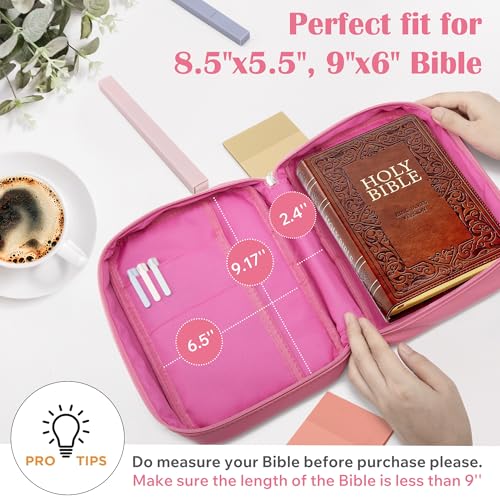 Small Bible Cover Case for Women and Men, 9x6 PU Leather Bible Sleeve, Compact Travel Bible Carrier Bag with Front Pen Holders, Zipper Closure, Inner Pockets - Hot Pink - color: Hot Pink, size: 9''x6.5''