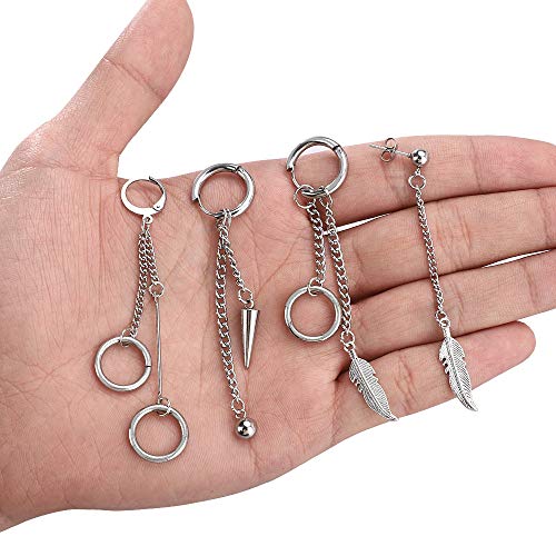 Cross Dangle Earrings for Men 20 Pieces, Stainless Steel Stud Hinged Hoop Earrings, Long Chain Kpop Earrings for Women, Black and Silver - color: Sliver