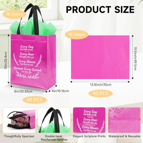 LUAVIARU 80 Pcs Bible Verse Christian Gift Bags Set – 40 Rose Red Reusable Gift Bag with Handles & 40 Tissue Paper, Religious Gift Bag for Church Events, Baptism, Easter, Communion, Congratulations - color: Rose Red, size: 40