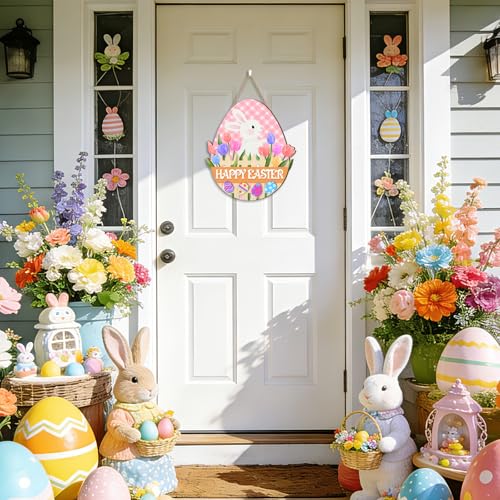 IARTTOP Happy Easter Bunny Tulip Egg Wooden Door Hanging Sign - color: Bunny