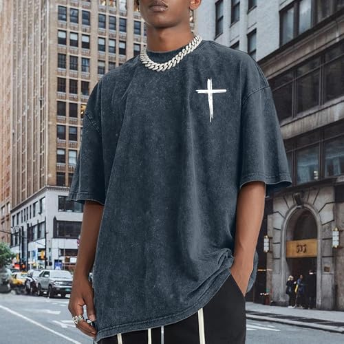 Mens Oversized Christian Shirts Jesus Faith Shirt Funny Gym Graphic Tees God Religious Bible Verse Acid Wash Tshirts - color: Denim Blue, size: Small